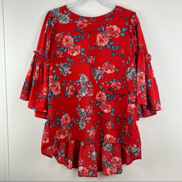 Umgee Tops - Umgee size Small Women’s Red Floral Ruffle 3/4 Bell Sleeve High Low Blouse